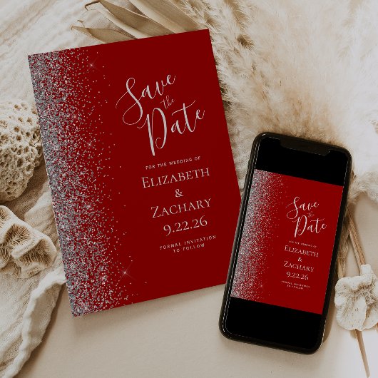 Crimson Red Silver Glitter Save the Date Aankondiging