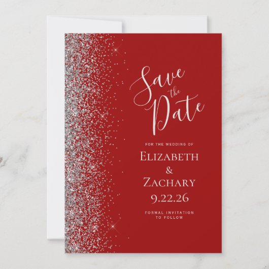 Crimson Red Silver Glitter Save the Date Aankondiging (Voorkant)