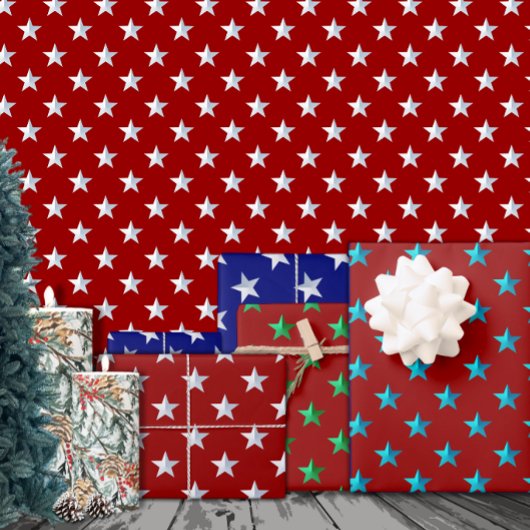 Crimson Red Silver Green Turquoise Blue Stars Inpakpapier Vel