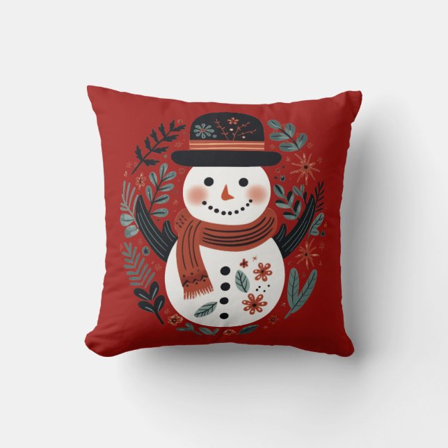 Crimson Red Snowman Kerstmis Kussen (Voorkant)