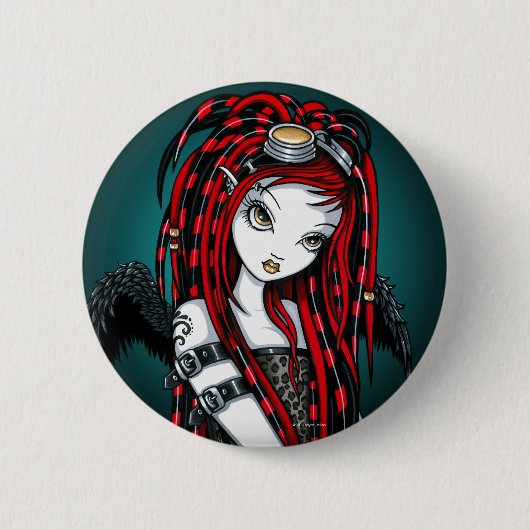 "Crimson" Red Tattoo Cyber Gothic Angel Button (Voorkant)