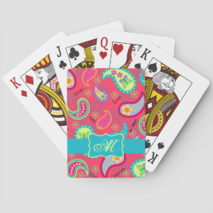 Crimson Red Turquoise Blue Modern Paisley Monogram Pokerkaarten