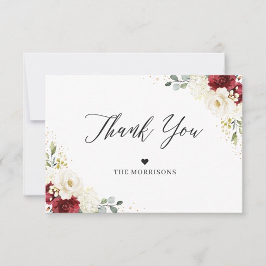 Crimson Red White Floral Gold Confetti Wedding Bedankkaart (Voorkant)