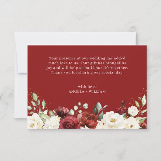 Crimson Red White Floral Gold Confetti Wedding Bedankkaart (Achterkant)