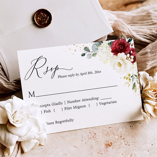 Crimson Red White Floral Gold Confetti Wedding RSVP Kaartje