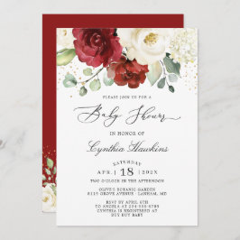Crimson Red White Rustic Chic Floral Baby shower Kaart