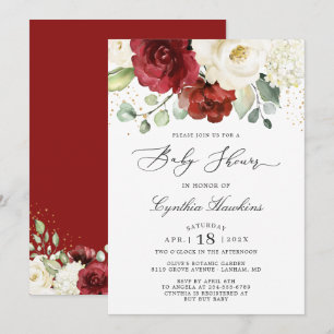 Crimson Red White Rustic Chic Floral Baby shower Kaart