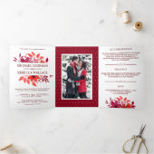 Crimson Rode Waterverf Bloemen Trouwfoto Drieluik Uitnodiging (Binnen)