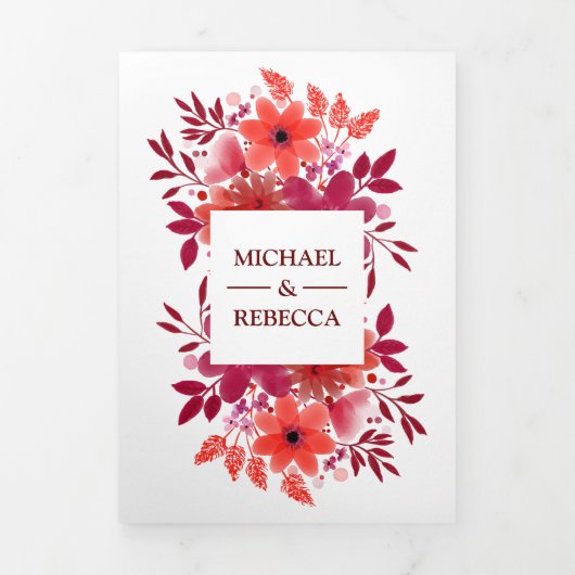 Crimson Rode Waterverf Bloemen Trouwfoto Drieluik Uitnodiging (Cover)