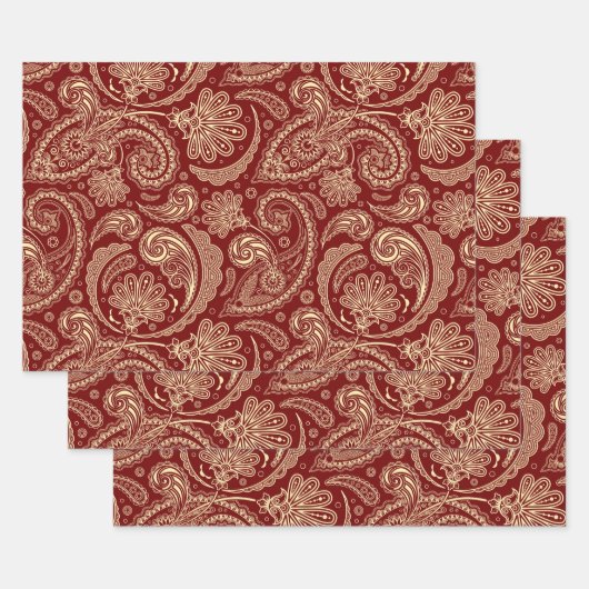 Crimson rood en beige  paisley inpakpapier vel (Set)