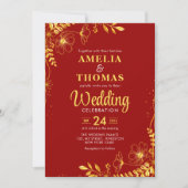 Crimson rood en goud bloemen bruiloft kaart (Voorkant)