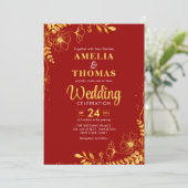 Crimson rood en goud bloemen bruiloft kaart (Staand voorkant)