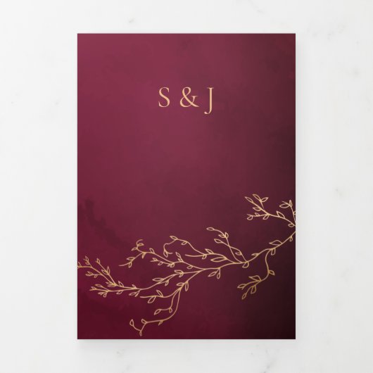 Crimson Rood en Goud Botanische Elegante Huwelijk Drieluik Uitnodiging (Cover)