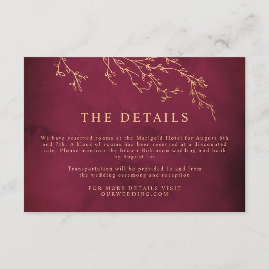 Crimson Rood & Goud Botanische Elegante Bruiloft Informatiekaartje (Voorkant)