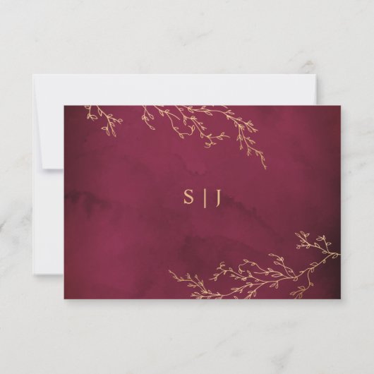 Crimson Rood & Goud Botanische Elegante Bruiloft RSVP Kaartje (Achterkant)