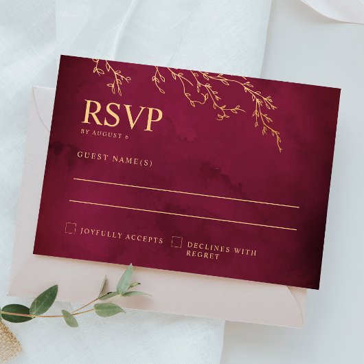 Crimson Rood & Goud Botanische Elegante Bruiloft RSVP Kaartje