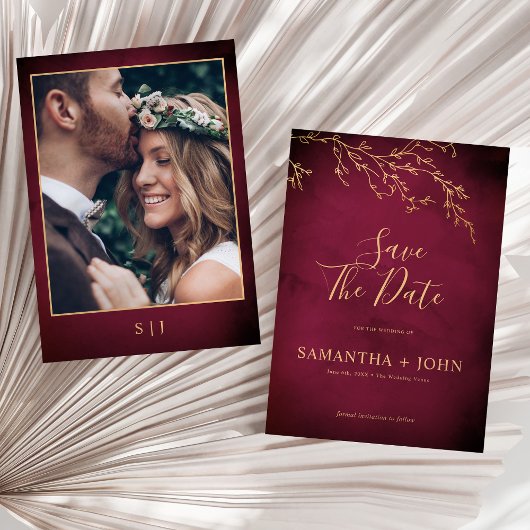 Crimson rood & goud botanische elegante foto save the date