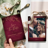 Crimson rood & goud botanische elegante foto save the date