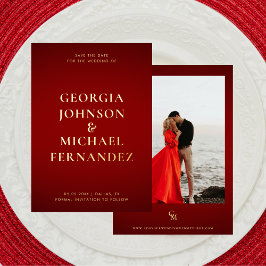 Crimson rood goud grote namen foto monogram bruilo folie uitnodiging