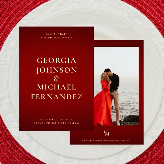 Crimson rood goud grote namen foto monogram bruilo folie uitnodiging