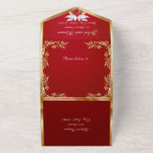 Crimson rood, gouden bladeren, duiven & hart all in one uitnodiging (Buitenkant)