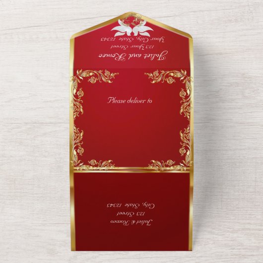 Crimson rood, gouden bladeren, duiven & hart all in one uitnodiging (Buitenkant)