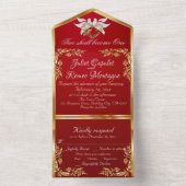 Crimson rood, gouden bladeren, duiven & hart all in one uitnodiging (Binnen)