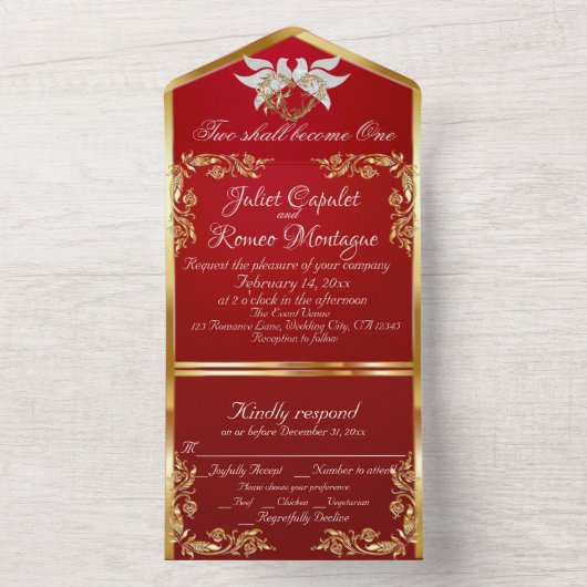 Crimson rood, gouden bladeren, duiven & hart all in one uitnodiging (Binnen)