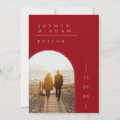 Crimson rood wit eenvoudige foto bruiloft save the date (Voorkant)