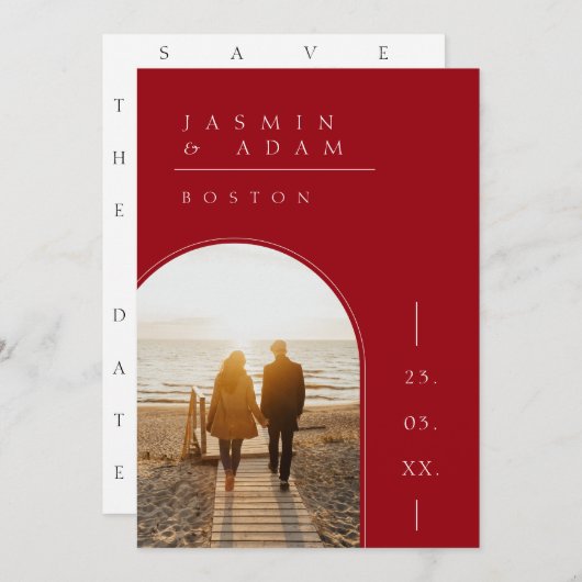 Crimson rood wit eenvoudige foto bruiloft save the date (Voorkant / Achterkant)
