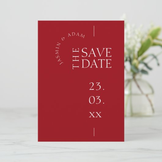 Crimson rood wit eenvoudige foto bruiloft save the date (Staand voorkant)
