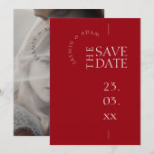 Crimson rood wit eenvoudige foto bruiloft save the date (Voorkant / Achterkant)
