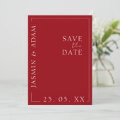 Crimson rood wit minimale foto bruiloft save the date (Staand voorkant)