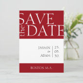 Crimson rood wit minimale foto bruiloft save the date (Staand voorkant)