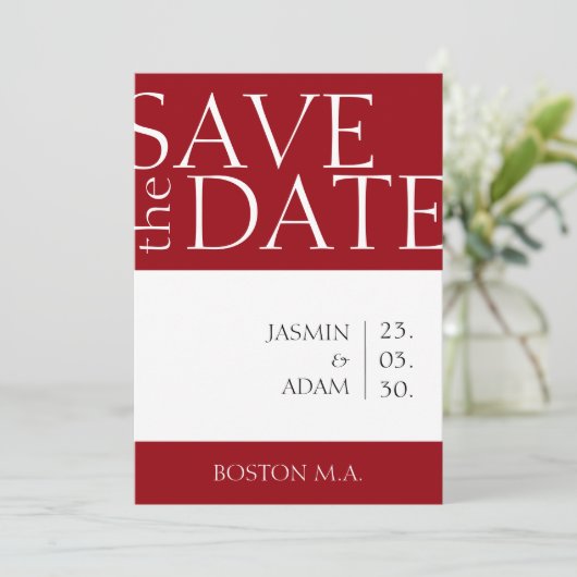 Crimson rood wit minimale foto bruiloft save the date (Staand voorkant)