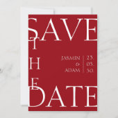 Crimson rood wit minimale foto bruiloft save the date (Voorkant)