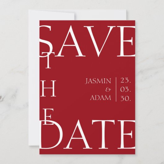 Crimson rood wit minimale foto bruiloft save the date (Voorkant)