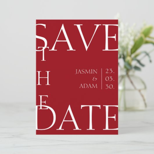 Crimson rood wit minimale foto bruiloft save the date (Staand voorkant)