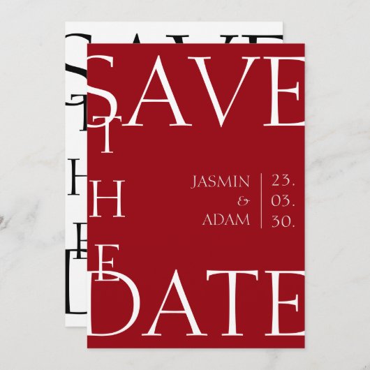 Crimson rood wit minimale foto bruiloft save the date (Voorkant / Achterkant)