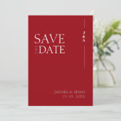 Crimson rood wit monogram foto bruiloft save the date (Staand voorkant)