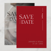 Crimson rood wit monogram foto bruiloft save the date (Voorkant / Achterkant)