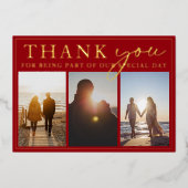 Crimson rood zwart foto bruiloft dank u goud folie uitnodiging (Voorkant)