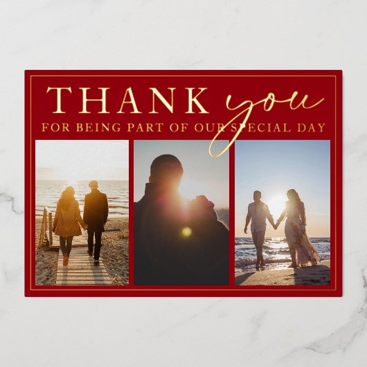 Crimson rood zwart foto bruiloft dank u goud folie uitnodiging (Voorkant)