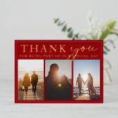 Crimson rood zwart foto bruiloft dank u goud folie uitnodiging (Staand Voorkant)