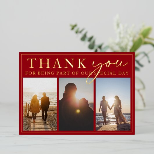 Crimson rood zwart foto bruiloft dank u goud folie uitnodiging (Staand Voorkant)