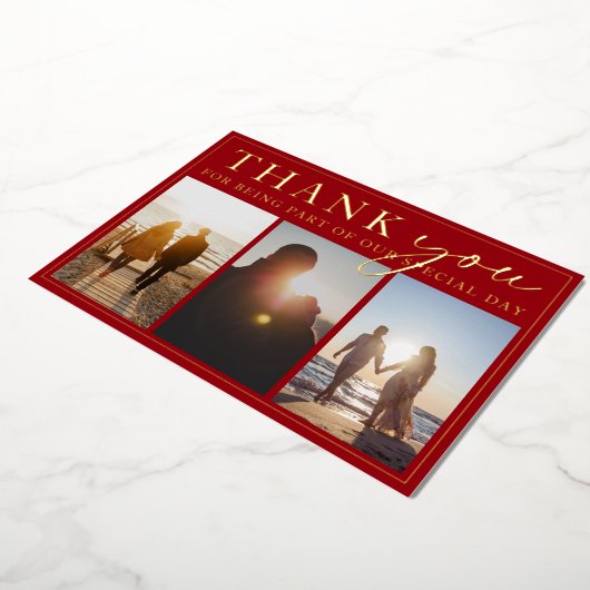 Crimson rood zwart foto bruiloft dank u goud folie uitnodiging (Gedraaid)