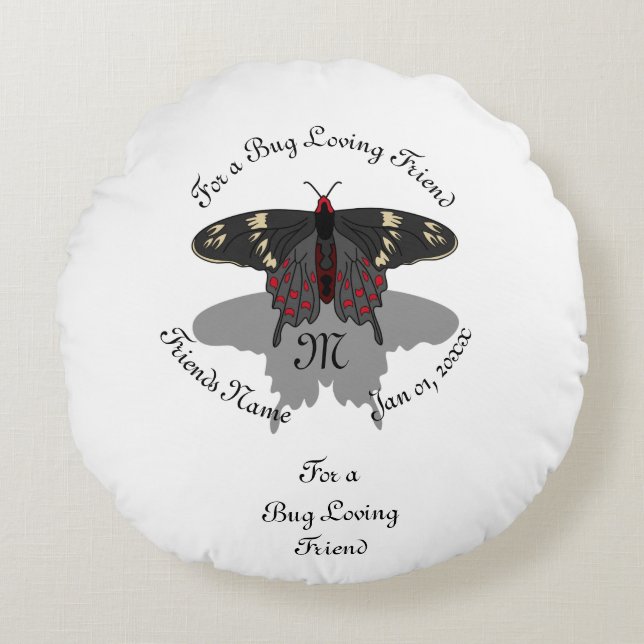 Crimson Roos Butterfly Shadow Monogram Rond Kussen (Voorkant)