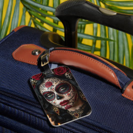 Crimson Rose Calavera – Elegante Dag van de Doden Bagagelabel