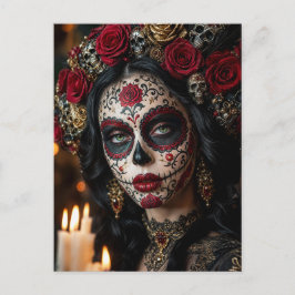 Crimson Rose Calavera – Elegante Dag van de Doden Briefkaart
