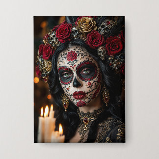 Crimson Rose Calavera – Elegante Dag van de Doden Button